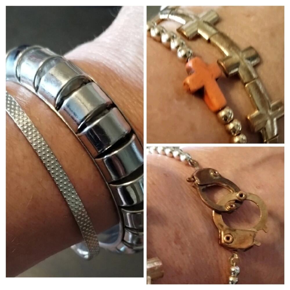 LOT OF 5 Bracelets: Silver Bangles , Stretchy Stone Crosses & Beaded Handcuffs 
